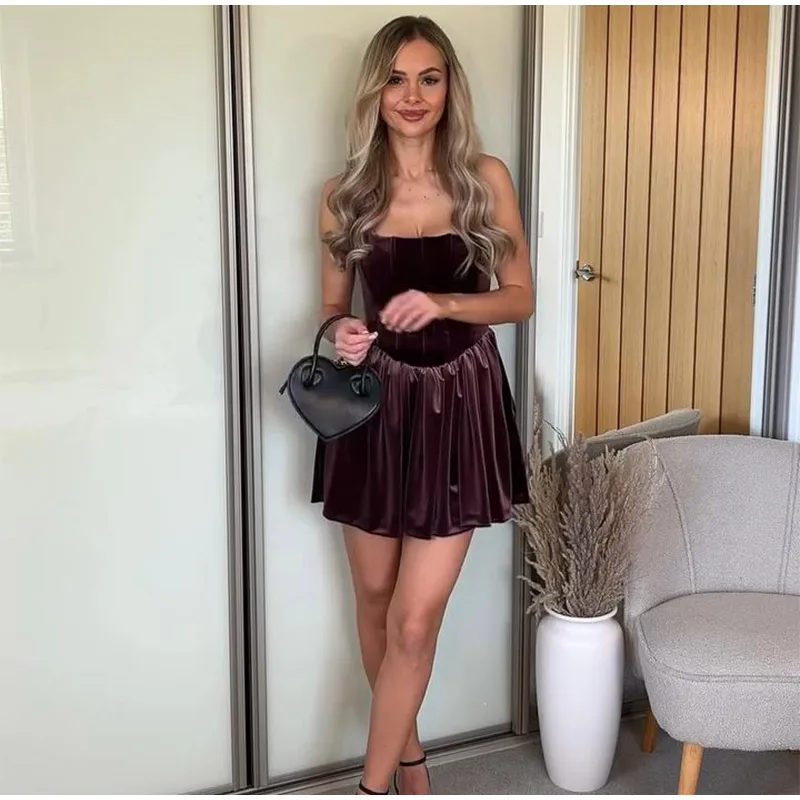 Fashion Velvet Sling Mini Dress Women Square Collar Sleeveless Backless A-line Zipper Party Dresses Elegant Lady Vestidos