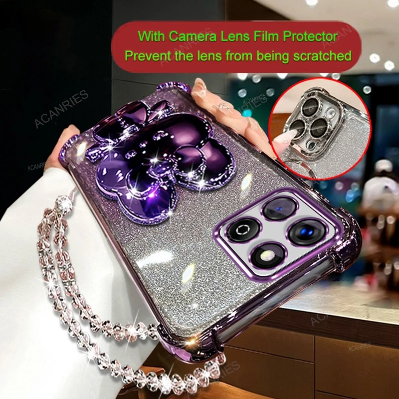 Plating Anti-fall Silicone Case with Mirror Rabbit Stand and Clear Bead Chain