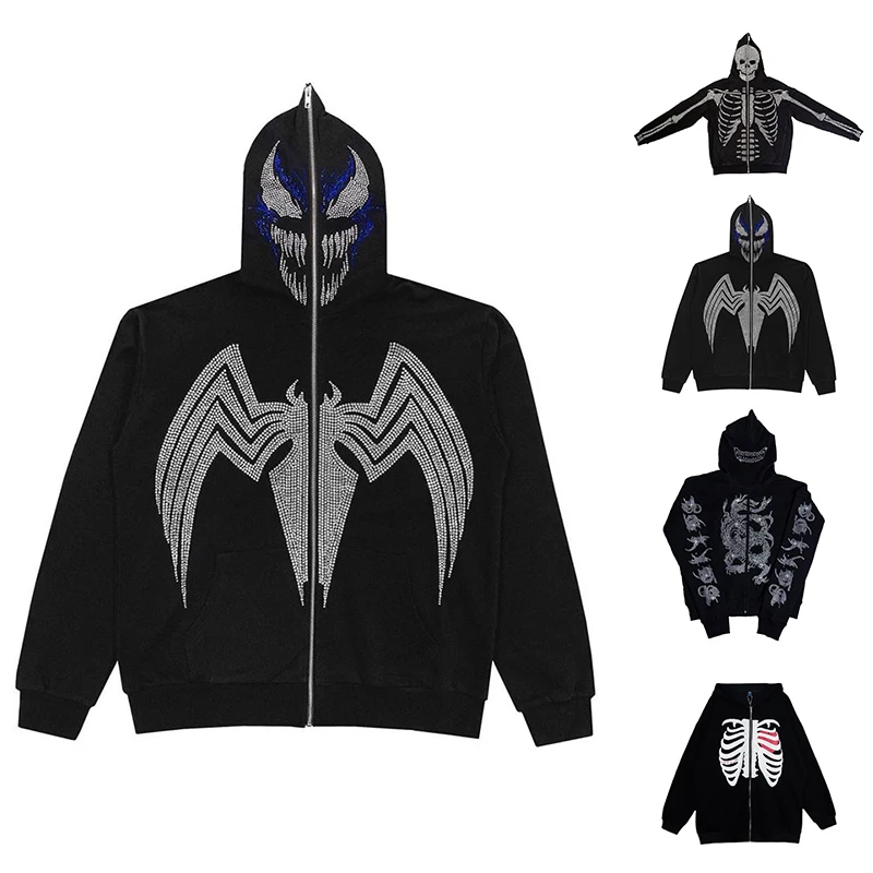 

Skeleton Oversized full zip up over face Evil Diamond Rhinestone Y2k Hoodies Women Hooded Cotton Men Cotton Trend Bone Vintage