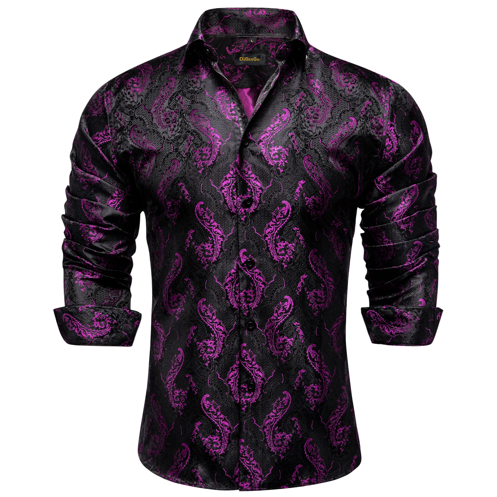 Luxury Purple Paisley Black Long Sleeve Silk Shirts for Men Tuxedo Wedding Party Social Dress Shirt Brand Men Clothing DiBanGu