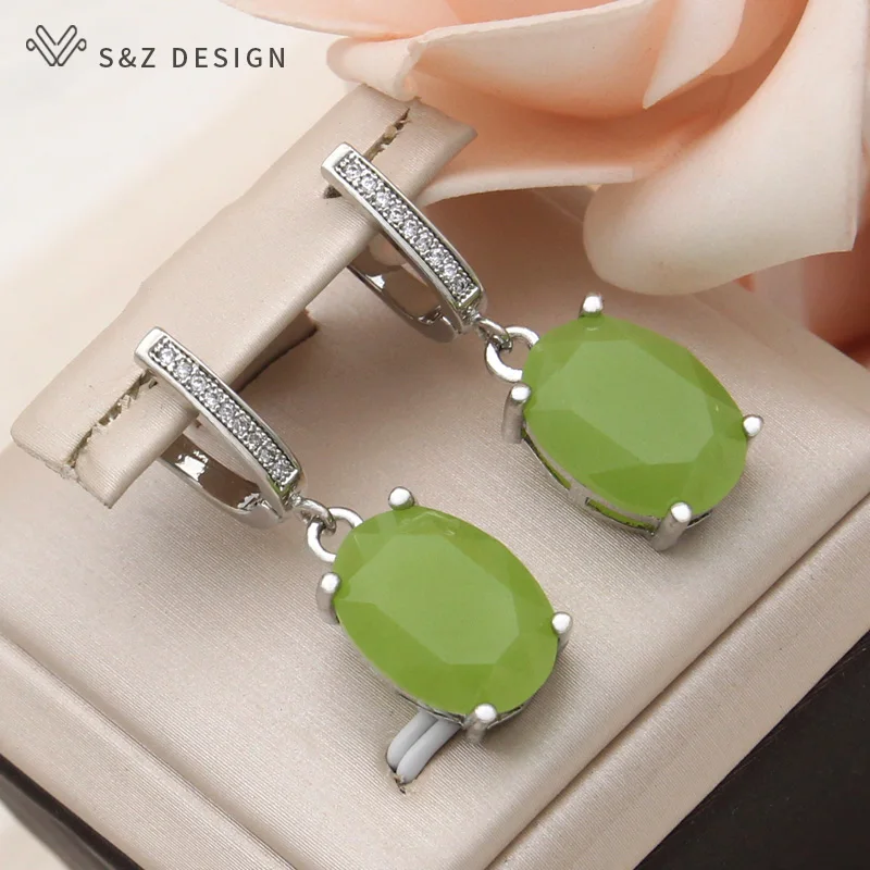 S&Z DESIGN New Fashion Oval Egg Shape Glass Dangle Earrings For Women Elegant Cubic Zirconia Eardrop 585 Rose Gold Color Jewelry