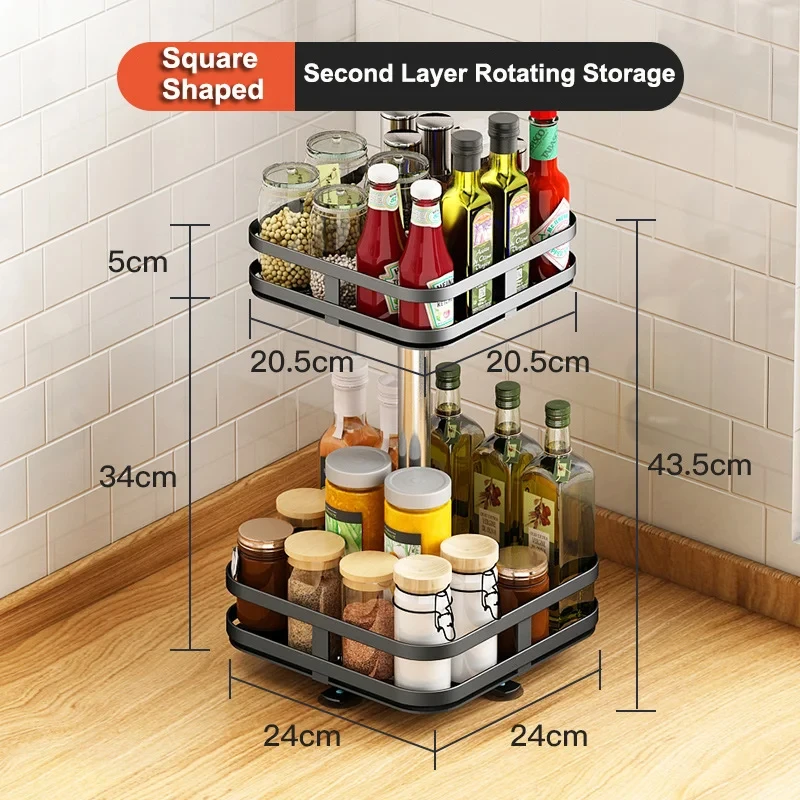 360°Rotation Spice Rack Organizer Non-Skid Carbon Steel Storage Tray for Seasonings and Spices Jar Cans Home Kitchen Accessories 6