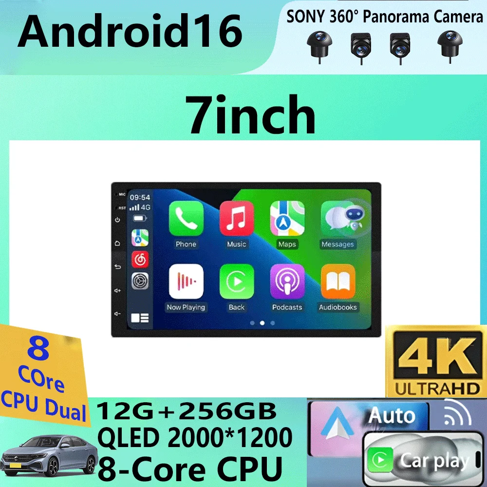 Radio de Auto con Pantalla QLED de 7 Pulgadas, 2 Din, Universal, Android 16, Reproductor Multimedia con GPS, DVD, Estéreo, CarPlay, Autoradio 1