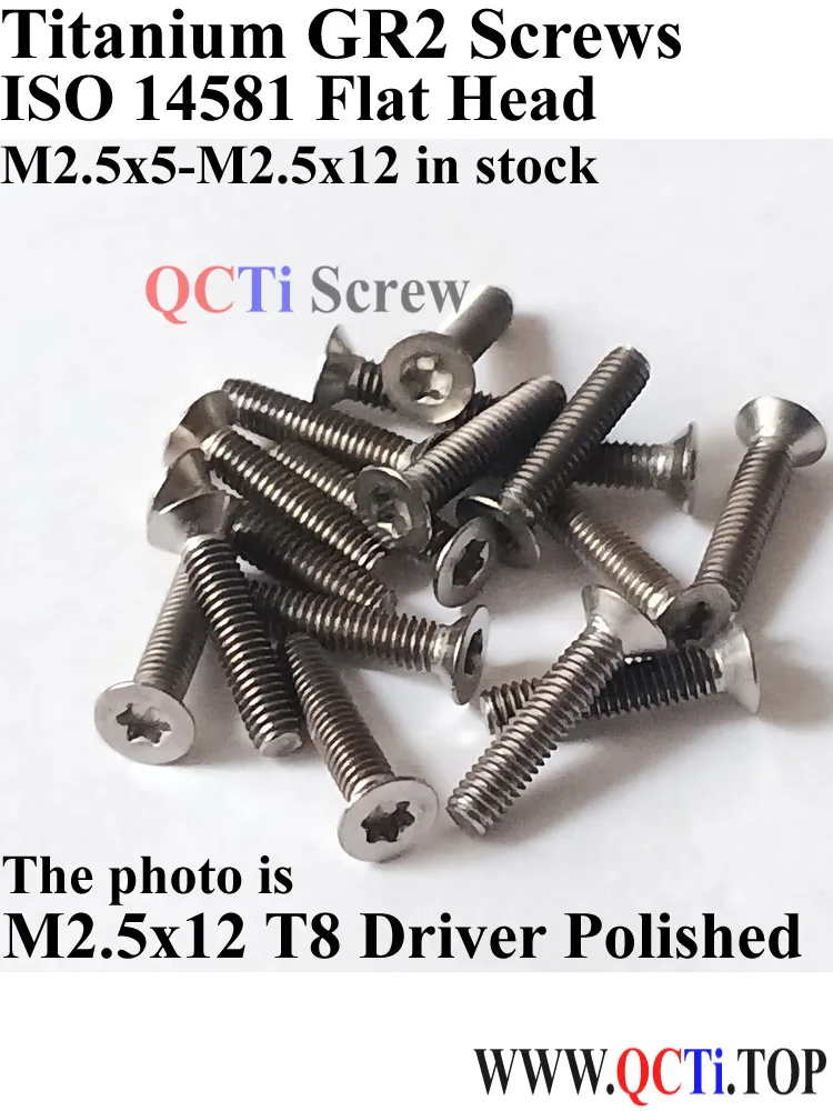 ISO 14581 Titanium screw M2.5x4 M2.5x5 M2.5x6 M2.5x8 M2.5x10 M2.5x12 Flat Head T8 Driver Polished 10 pcs QCTI Screw