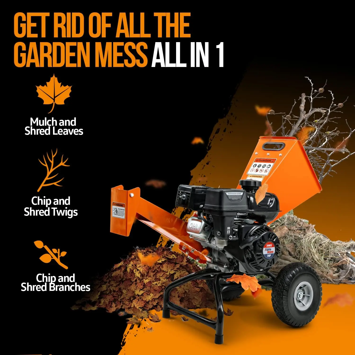 Wood Chipper Shredder Mulcher 7HP Engine Heavy Duty Compact Rotor Assembly Design 3" Inch Max Capacity Aids in Fire Prevention