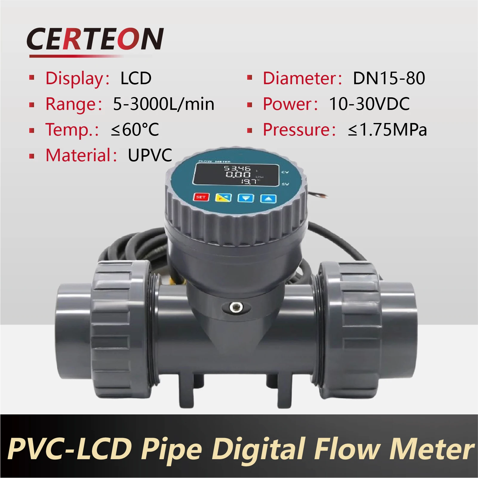 DN15‑80 PVC digital flow meter RS485 Modbus RTU inline pipe-mounted LCD ...