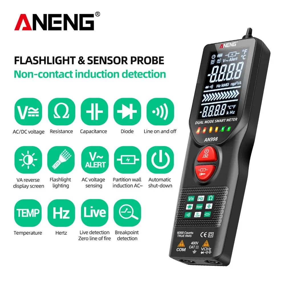 

ANENG AN998 Automatic Digital 6000 Counts Professional Multimeter Eletric Auto Ranging AC/DC Voltmeter Temp Ohm Hz Detector Tool