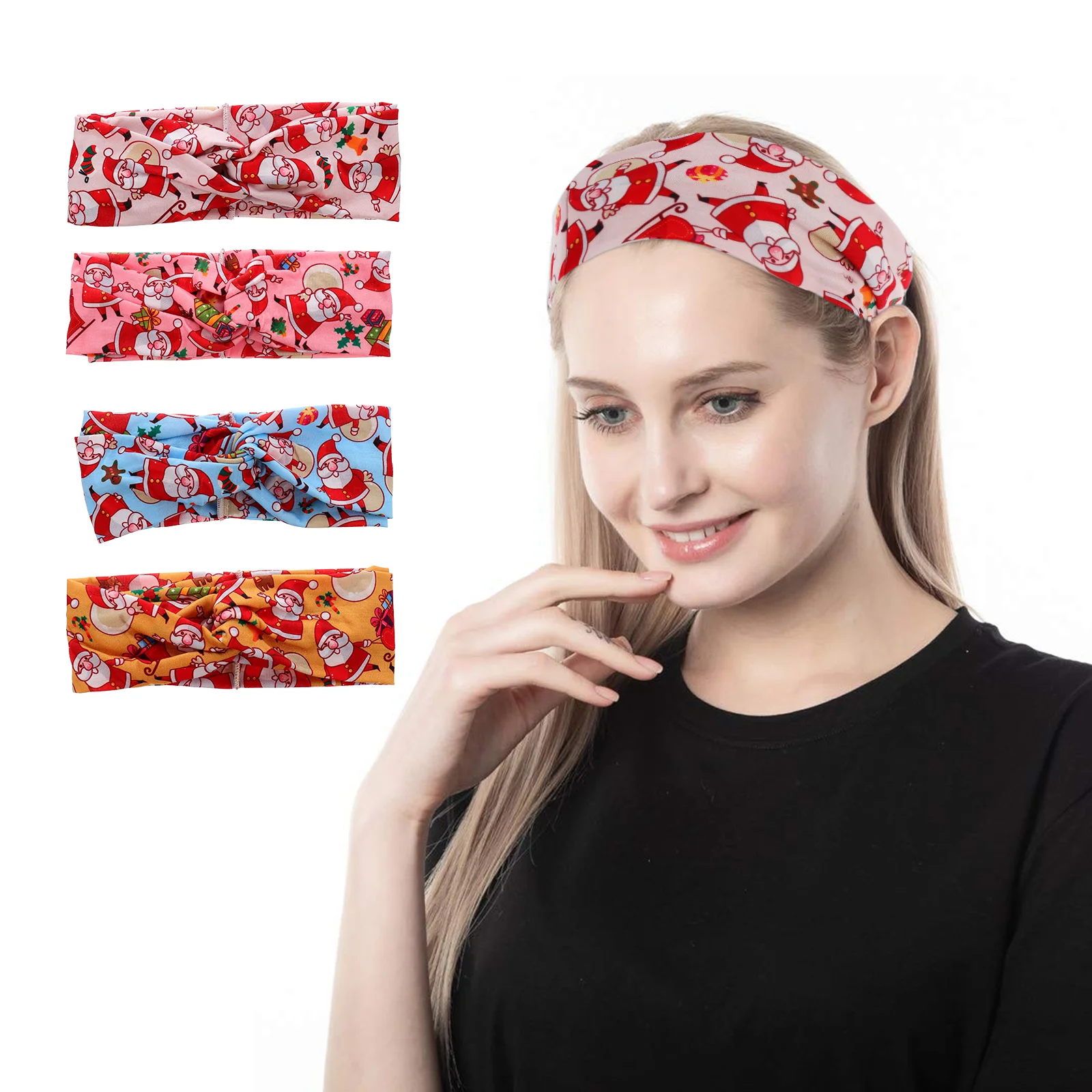 

4pcs Christmas Headbands Santa Wide Knotted Yoga Headband Hair Band Elastic Sweatband For Party Favor Accessories ( Style