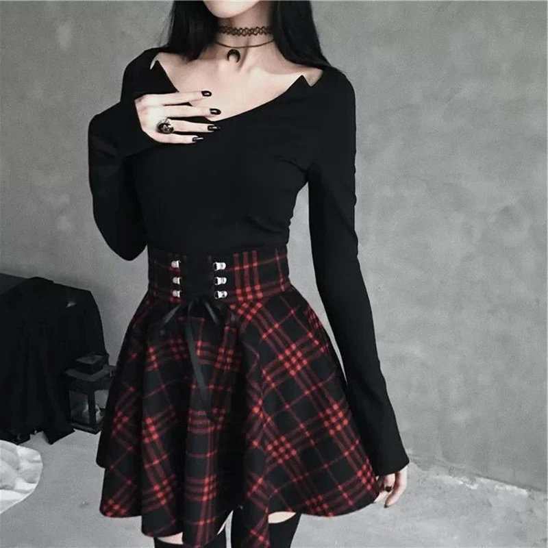 Black Checkered Women's Gothic Skirt Women Pleated Plaid Skirts Spring Autumn Girl Hip Hop Female Punk Goth Mini Skirt Clubwear denim skirts for women Skirts