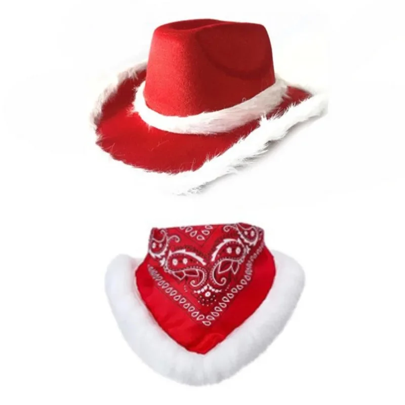 Christmas Cowboy Hat Sequined Furred Scarf Red Cowboy Hat Santa Furred Sequined Snowflake Christmas Party