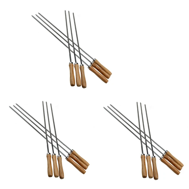 18Db Kebab Bbq Rozsdamentes Acél Nyárs Fa Fogantyúkkal, Lapos Újrafelhasználható Fém Nyárspálcák Tároló Tasakkal