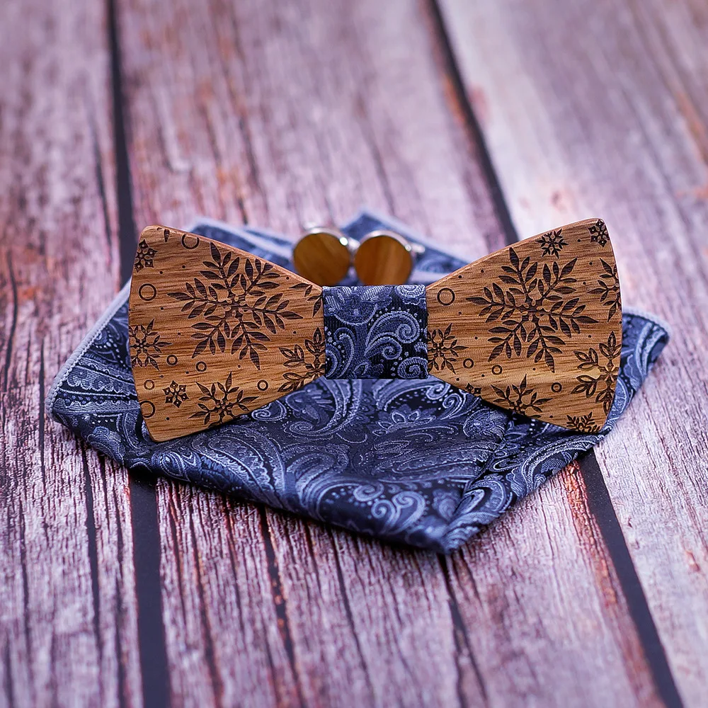 

Linbaiway Mens Handkerchief Wood Cufflinks Wooden Bow Tie Set Wedding Snowflake Print Gravatas Wooden Bowtie for Christmas Gift