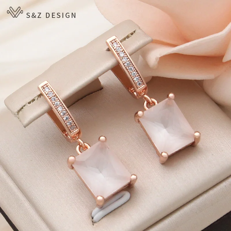 S&Z DESIGN New Fashion Cubic Zirconia Rectangle Dangle Earrings For Women Elegant 585 Rose Gold Color Jewelry Daily Accessories