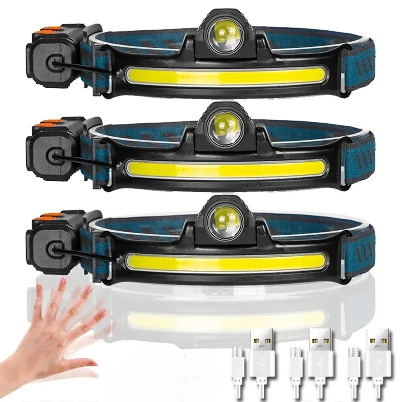고출력 LED 헤드램프 6가지 모드 XPE+COB 센서 헤드라이트 헤드 토치 손전등 헤드 램프 18650 배터리 사용 낚시 및 사냥용