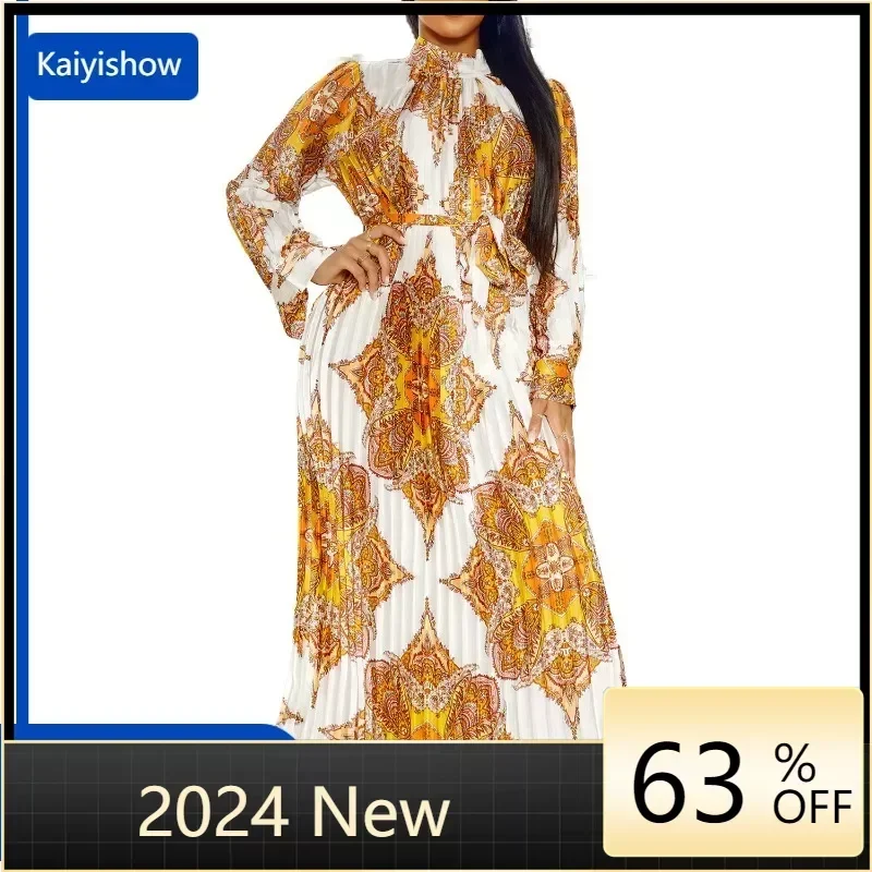 

2024 New Fall Elegant Vintage Printed Women Pleated Dress High O Neck Long Sleeve With Belt Stylish Formal Occasion Event Gowns