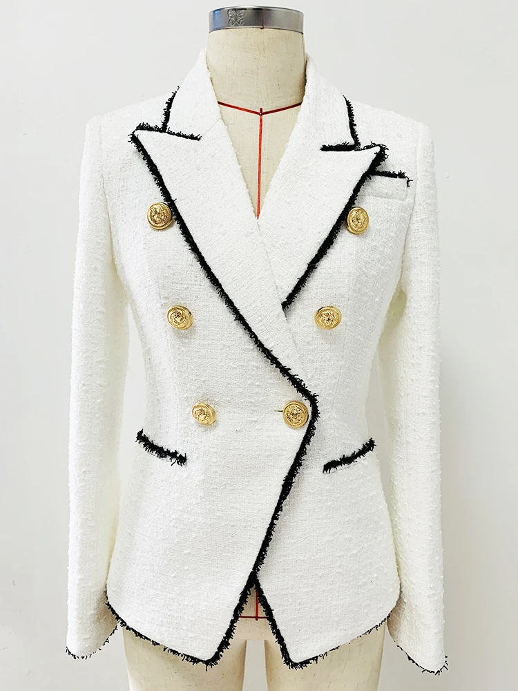 

HIGH STREET Newest Fashion 2024 Designer Jacket Women's Slim Fitting Lion Buttons Contrast Color Fringed Tweed Blazer