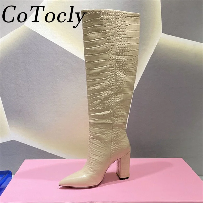 

Sexy High Heels Knee High Boots Women Crocodile Pattern Leather Modern Boots Female Chunky Heel Runway Long Boots Woman