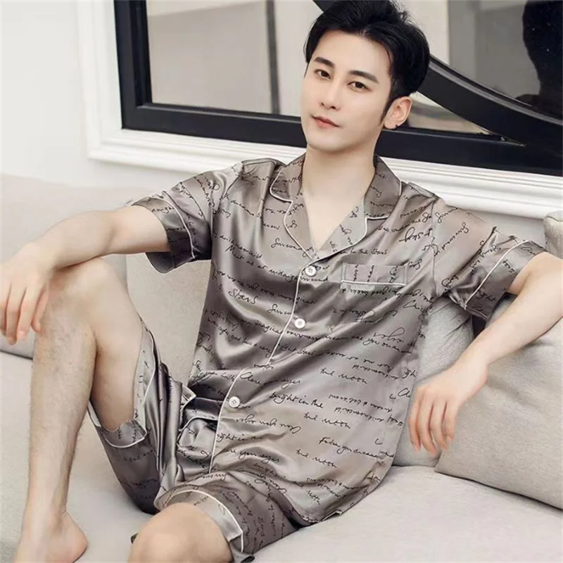 Summer Men's Pajamas Milk Silk Short Sleeve Printed Cardigan Shorts Casual Loose Home Clothing Set