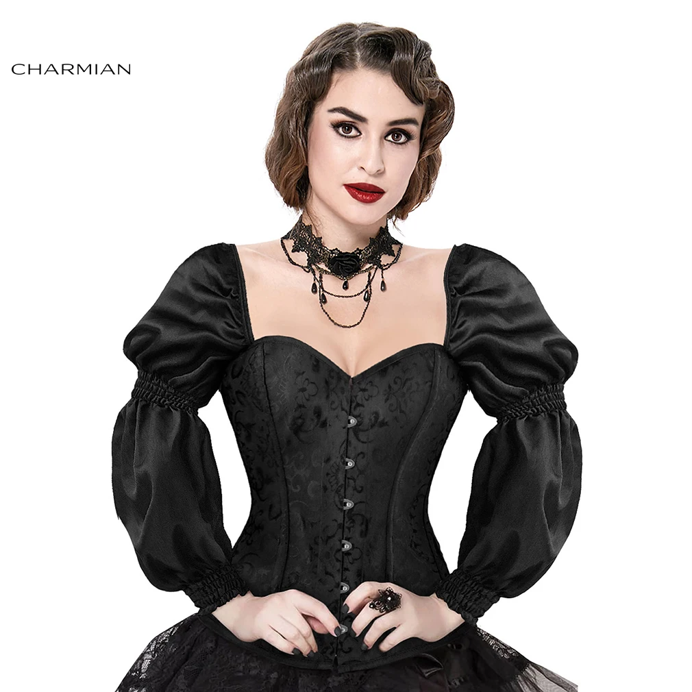 Charmian Sleeves Corset Top Women Renaissance Victorian Steel Boned Brocade Overbust Corset Bustiers Black Steampunk Clothing