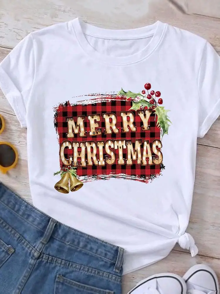

Plaid Letter Trend Print T-shirt Top Fashion Clothing New Year Christmas Graphic T Shirt Women Holiday Female Short Sleeve Tee