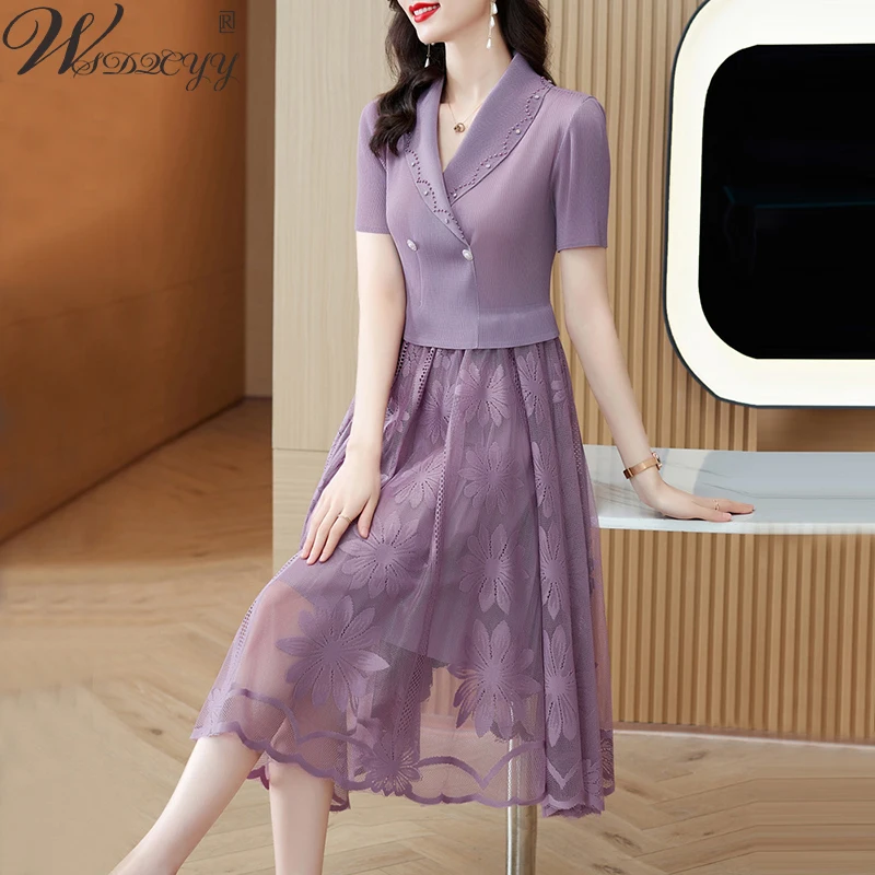 

Элегантное платье с имитацией двух сторон, женское корейское кружевное лоскутное Сетчатое платье-трапеция с крючками и цветами, офисное женское облегающее платье большого размера 5XL