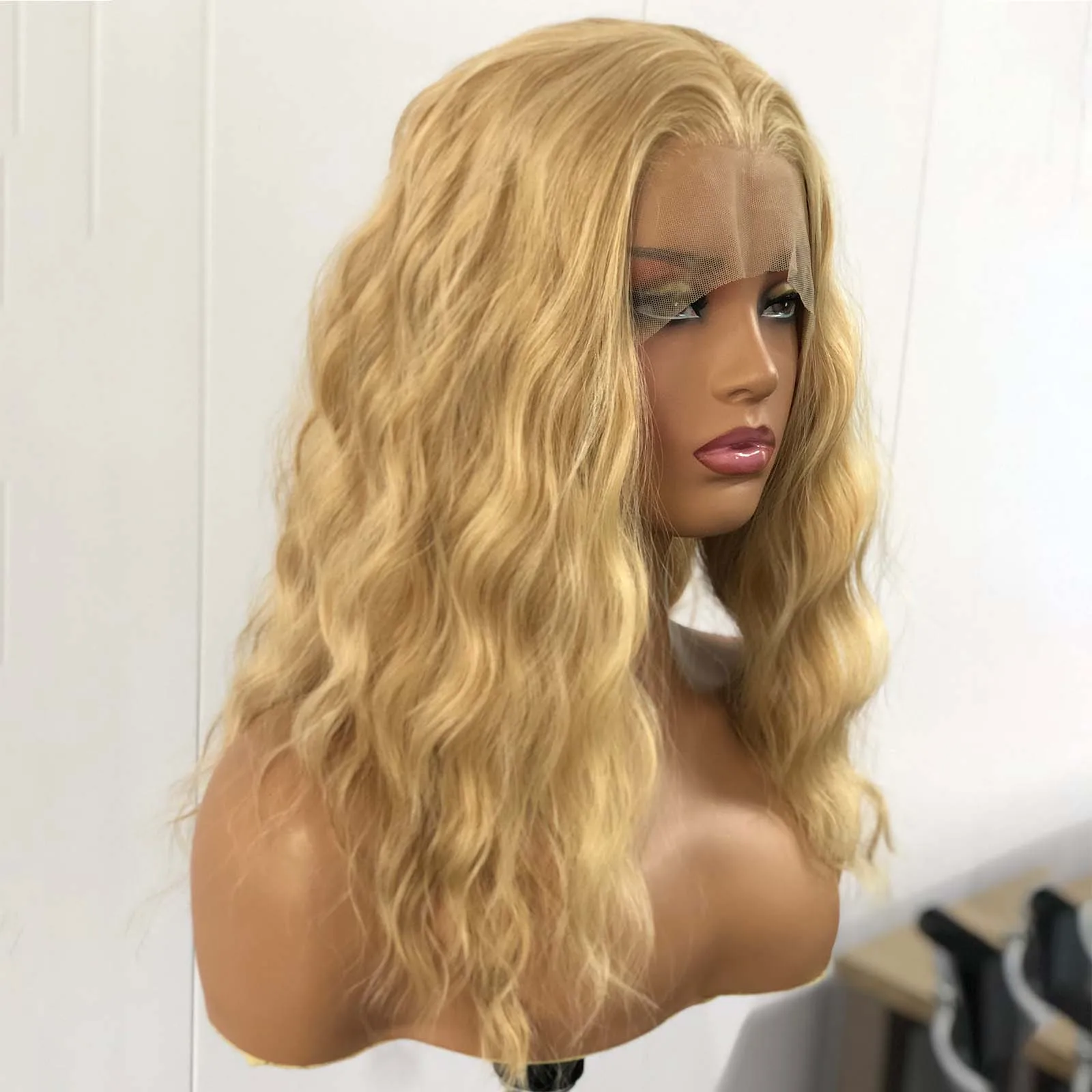 Honey Blonde Highlight Wig Deep Wave Synthetic Lace Front Wig Short Curly Wavy Mixed Colored Hair 13X4 Frontal Wigs for Women,lace front wig,synthetic hair wigs
