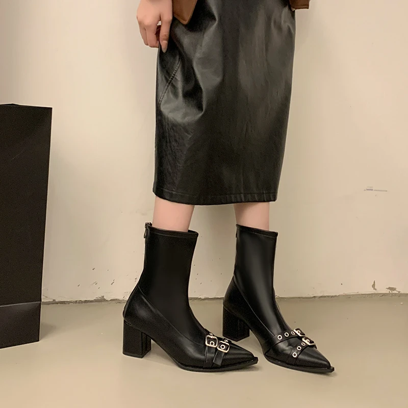 Aphixta Luxury Leather Women Ankle Boots Metal Buckle Back Zipper Close Modern Boots Shoes Woman Boats botines para mujeres