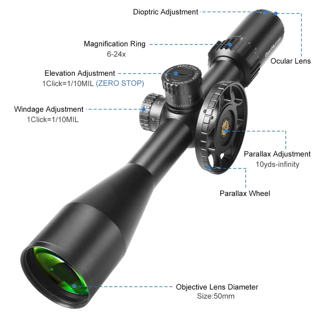 WestHunter HD Gen2 6-24x50 FFP Riflescopes First Focal Plane Hunting Scopes with Zero Reset / Zero Stop Tactical Optical Sights