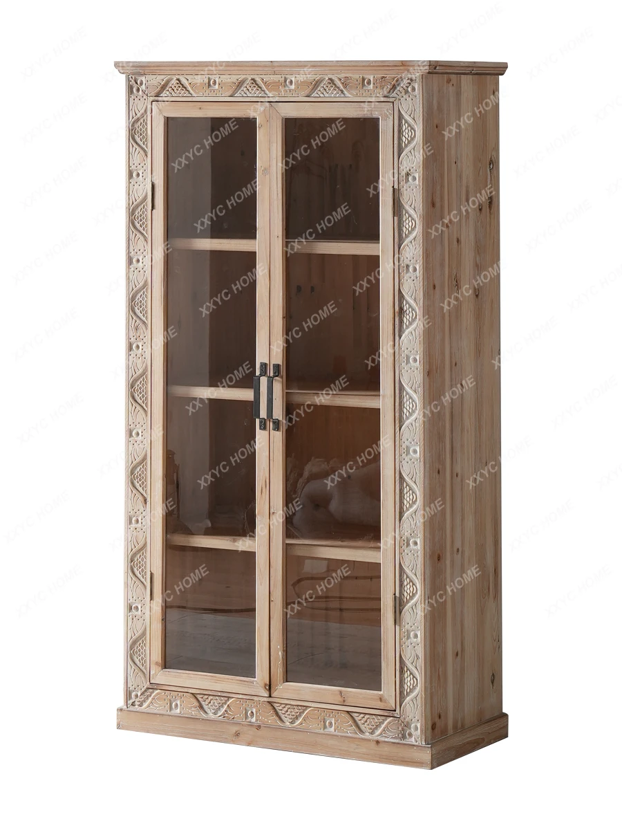 

Solid Wood Vintage Engraving Living Room Study Hallway Bookcase Bookshelf Bookcase Lockers with Glass Door
