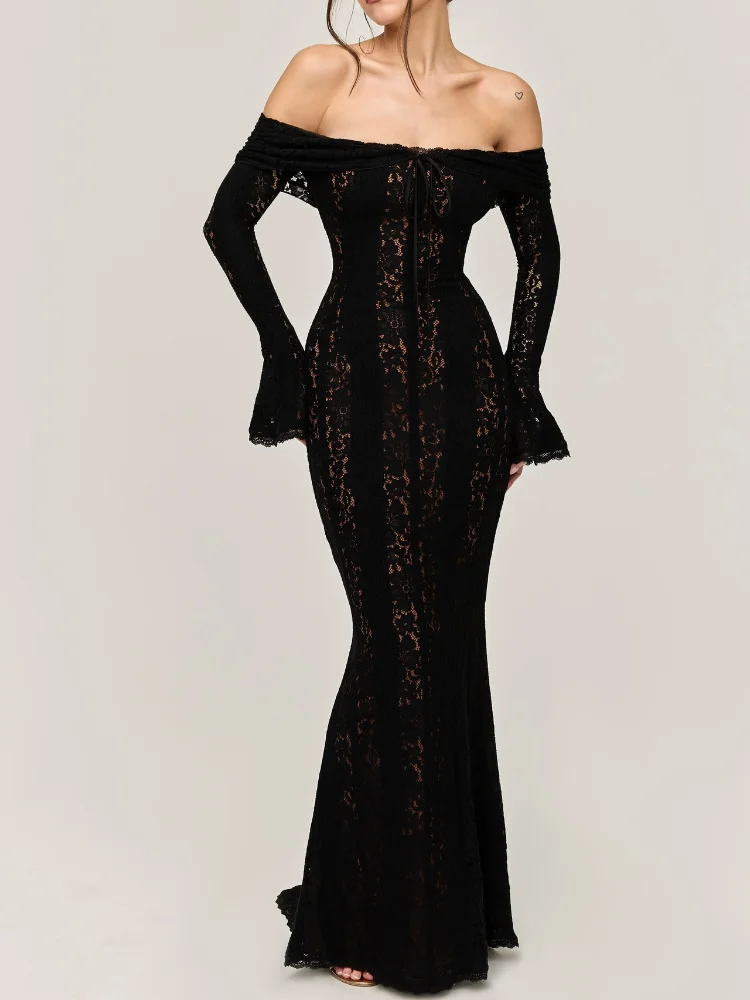 Sexy Women Hollow Out Slash Neck Lace Flared Sleeve Long Dress Elegant Laced Up Slim Fit Robes New Lady Evening Party Vestidos 6