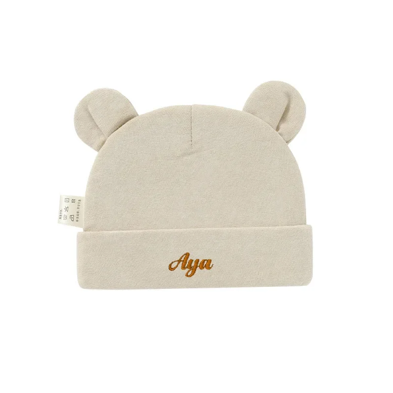 Personalized Baby Name Newborn Organic Cotton Beanie with Ears Unisex Breathable Hat Gift 0-6M Infant Daily Cap 3
