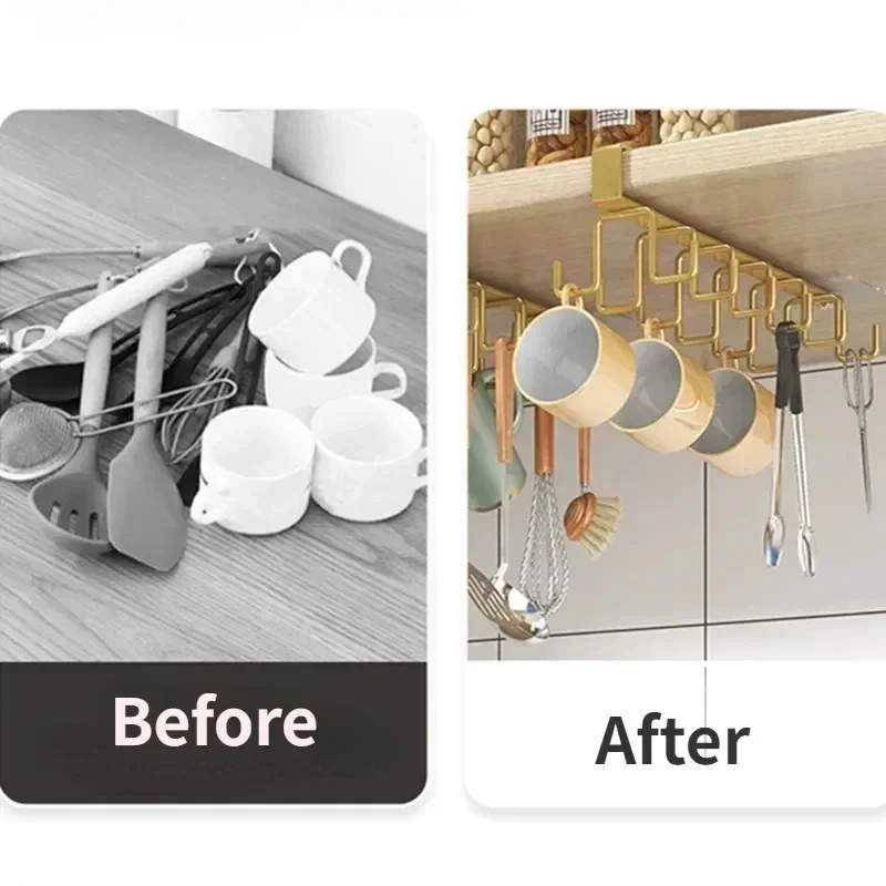 Punch-free Double-row Hooks Kitchen Cupboard Under Shelf Mug Cup Hanger Hook Iron Hanging Rack Holder Kitchen Cabinet Organizer