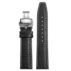 Men's 22mm Leather Watch Strap - Premium Quality Strap - 22mm (Black - Silver B)