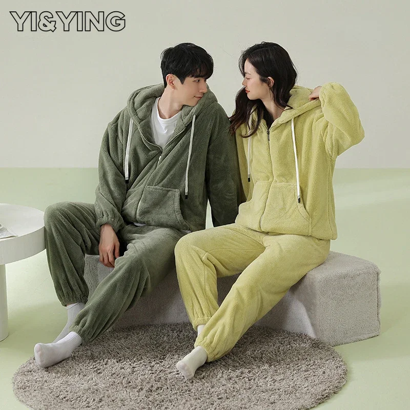 

[YI&YING] Autumn and Winter Couple Pajamas Women's Coral Velvet Thickened Flannel Men's Home Wear WAZC176