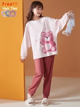 

ATUENDO Spring Fashion Kawaii Pink Pajama Sets for Women 100% Cotton PJS Satin Soft Nightwear Autumn Atoff Home Silk Sleepwear