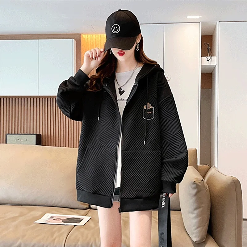 봄과 가을 얇은 능직 겉옷 후드 가디건 자수 곰 오버 핏 후드, 여성 팻 mm 배꼽 커버 슬리밍 탑 패션