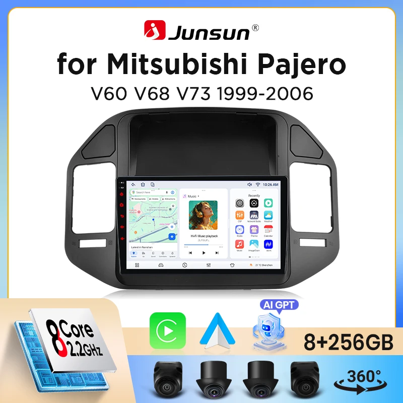 Radio de coche Junsun con CarPlay inalámbrico y Android Auto para Mitsubishi Pajero Mk3 (V60/V70) 1999-2006, con ventilador de refrigeración integrado, GPS Android, reproductor multimedia, WiFi, DSP, RDS, BT, SWC, pantalla táctil IPS, autoradio, reproductor de video, unidad principal estéreo. 1