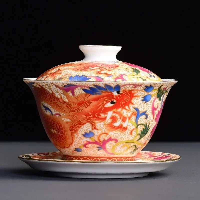 Kung Fu Gaiwan Teacups Intricately Designed Dragon and Phoenix Tea Cups Elegant Ceramic Color Enamel Teaware Tea Tureen
