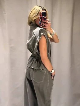 Casual Denim Waistcoat Pants Women Set Short Sleeve Waist-cinching Vest Straight Pant Female Sets 2026 Summer Lady Trouser Suit 1