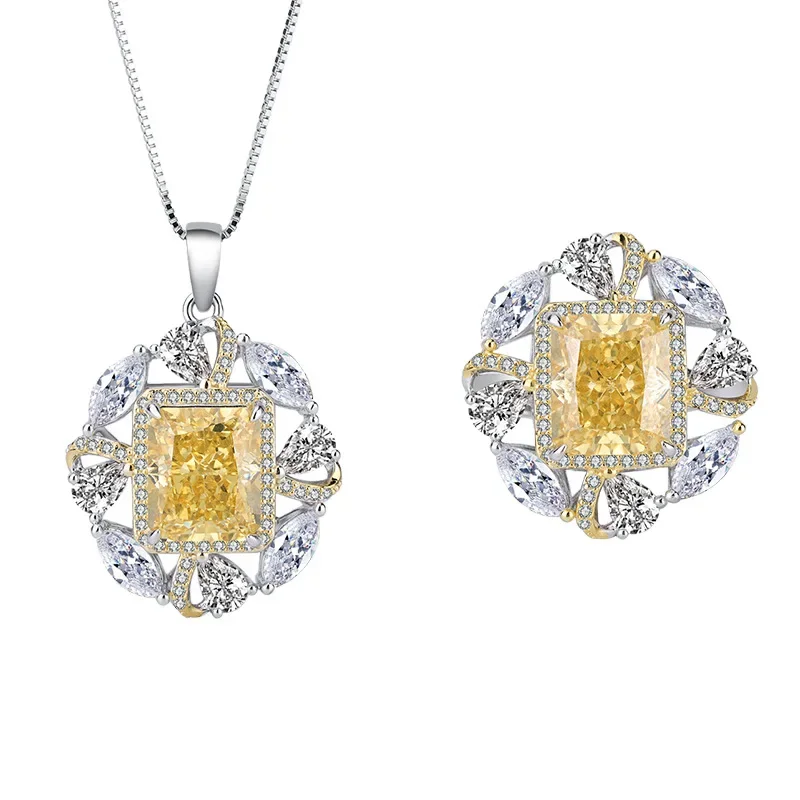 

New fashion trend S925 silver inlaid 5A zircon color treasure ladies yellow diamond pendant ring set