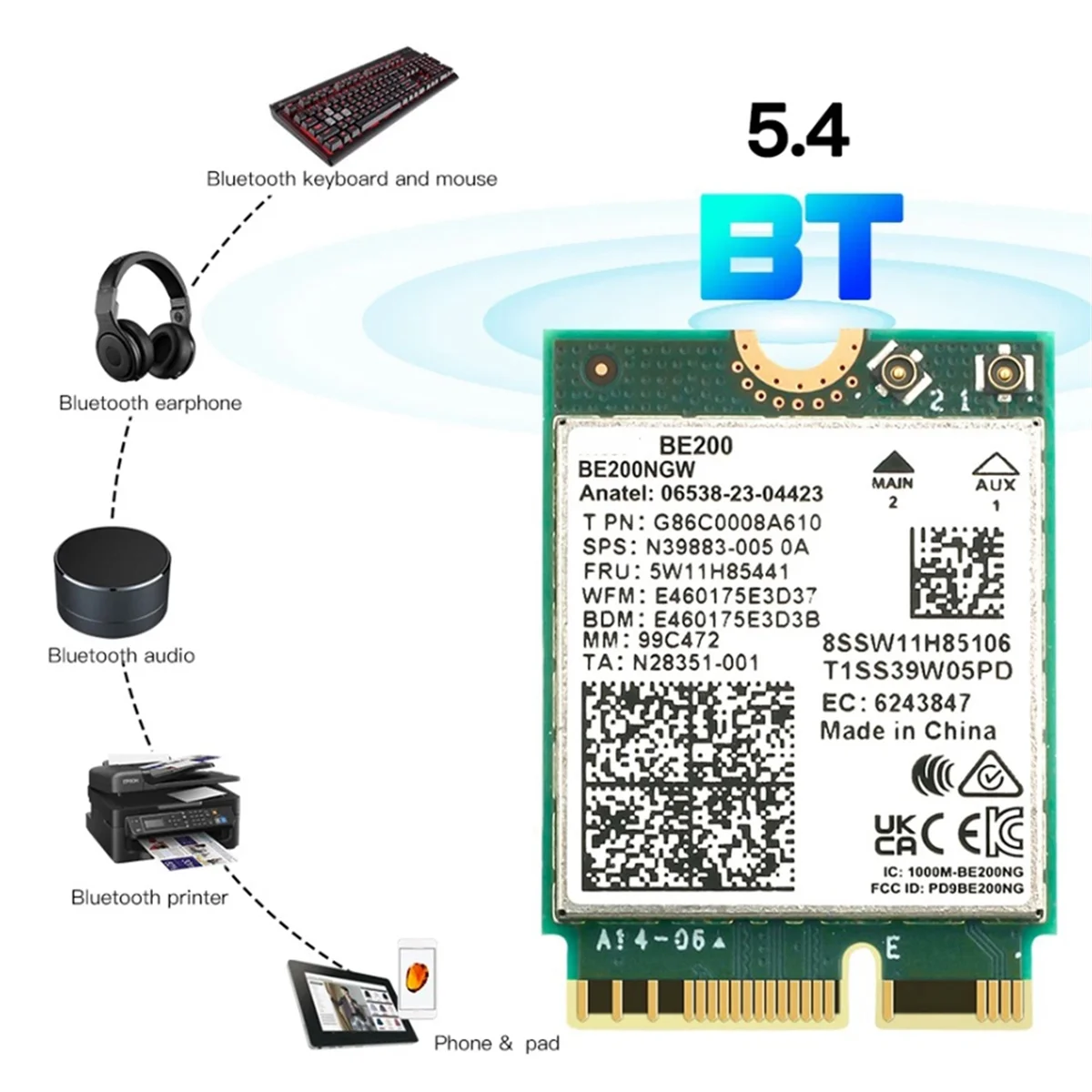BE200 무선 네트워크 카드용 SCLS WiFi 7 BT5.4 Wifi 카드 BE200NGW 2.4/5/6GHz 5.8 Gbps M.2 어댑터 (PC 노트북용)