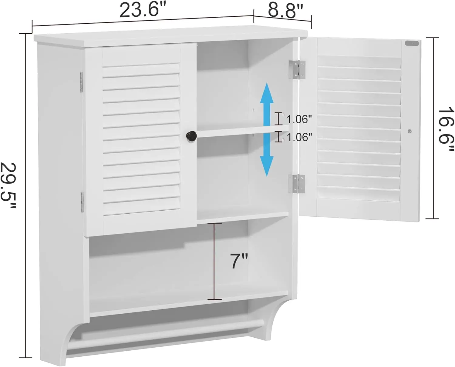 Medicine Cabinet with Towel Bar. 23.6"L x 8.9"W x 29.3"H. MDF Material. Over-Toilet Storage. White.