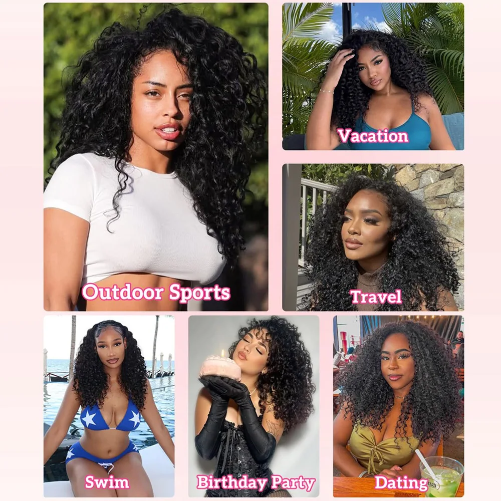 22 Inch Half Wig Human Hair Water Wave Wigs Curly Half Wig 3 In 1 Adjustable Drawstring Seamless Flip Over Invisible Hairline