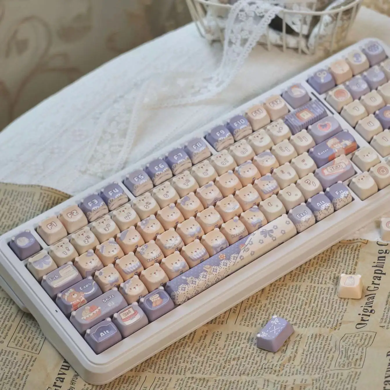 Gato Kawaii Teddy Bear Cabeça Keycap Estilo Lolita Kawaii Teclas Roxas Altura Pbt Teclado Mecânico Faça Você Mesmo 147 Teclas - Imagem 4