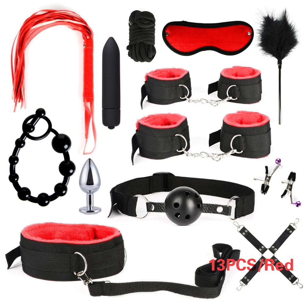 BDSM Kits Adults Sex Toys For Women Men Handcuffs Nipple Clamps Whip Spanking Sex Metal Anal Plug Vibrator Butt Bdsm Bondage Set