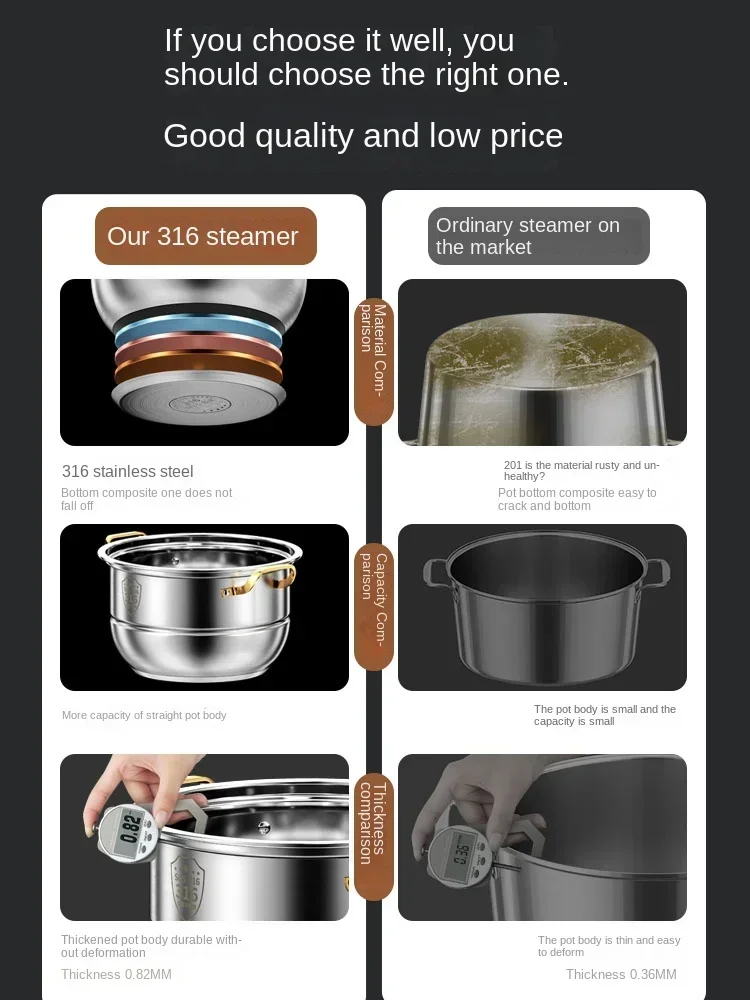304 stainless steel steamer thickened household 316 steamer tray, three layers, large capacity cooking and stewing induction 3