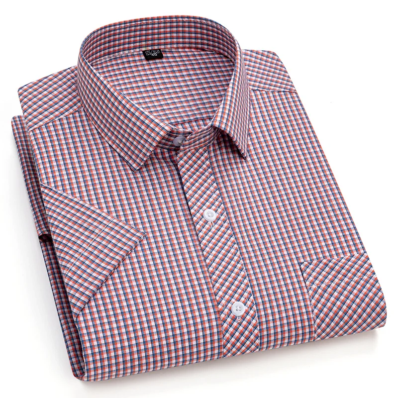 Fashionable Cotton Plaid Shirt Men's Short Sleeve Single Patch Pocket Design Young Casual Standard Fit Men's Shirt 4