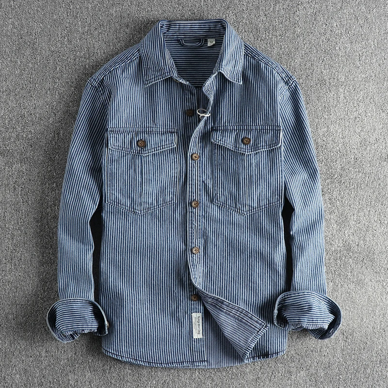 Autumn New American Retro Long Sleeved Lapel Denim Striped Cargo Shirt Men's Simple Cotton Washed Old Casual Blouses Coat