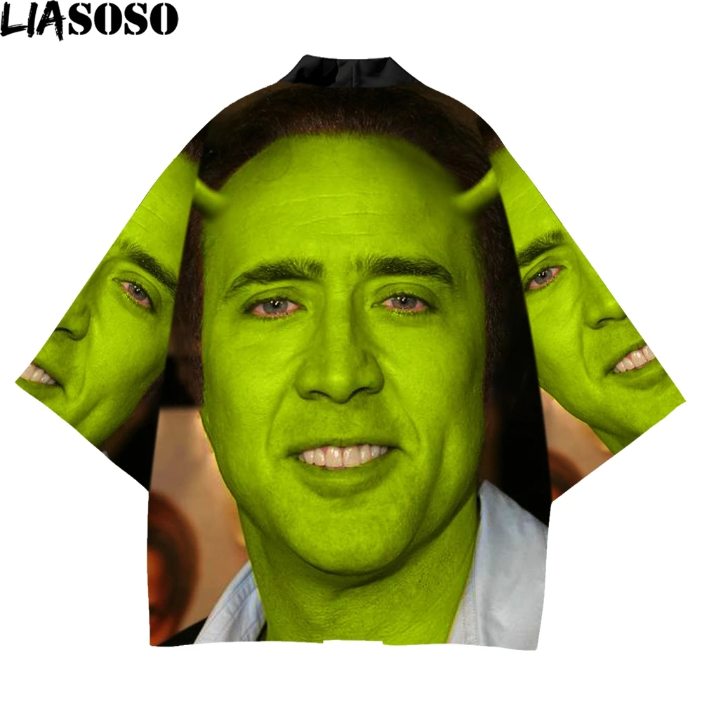 LIASOSO Star Funny Actor Nicolas Cage Unisex Trend Kimono Slim Print Buttonless 3D Japanese Casual Summer 3/4 Sleeve Cardigan