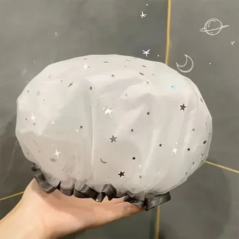 Cuffia da doccia impermeabile a doppio strato Design cielo stellato Cappello da bagno riutilizzabile alla moda Cappello sanitario da cucina a prova di olio 1
